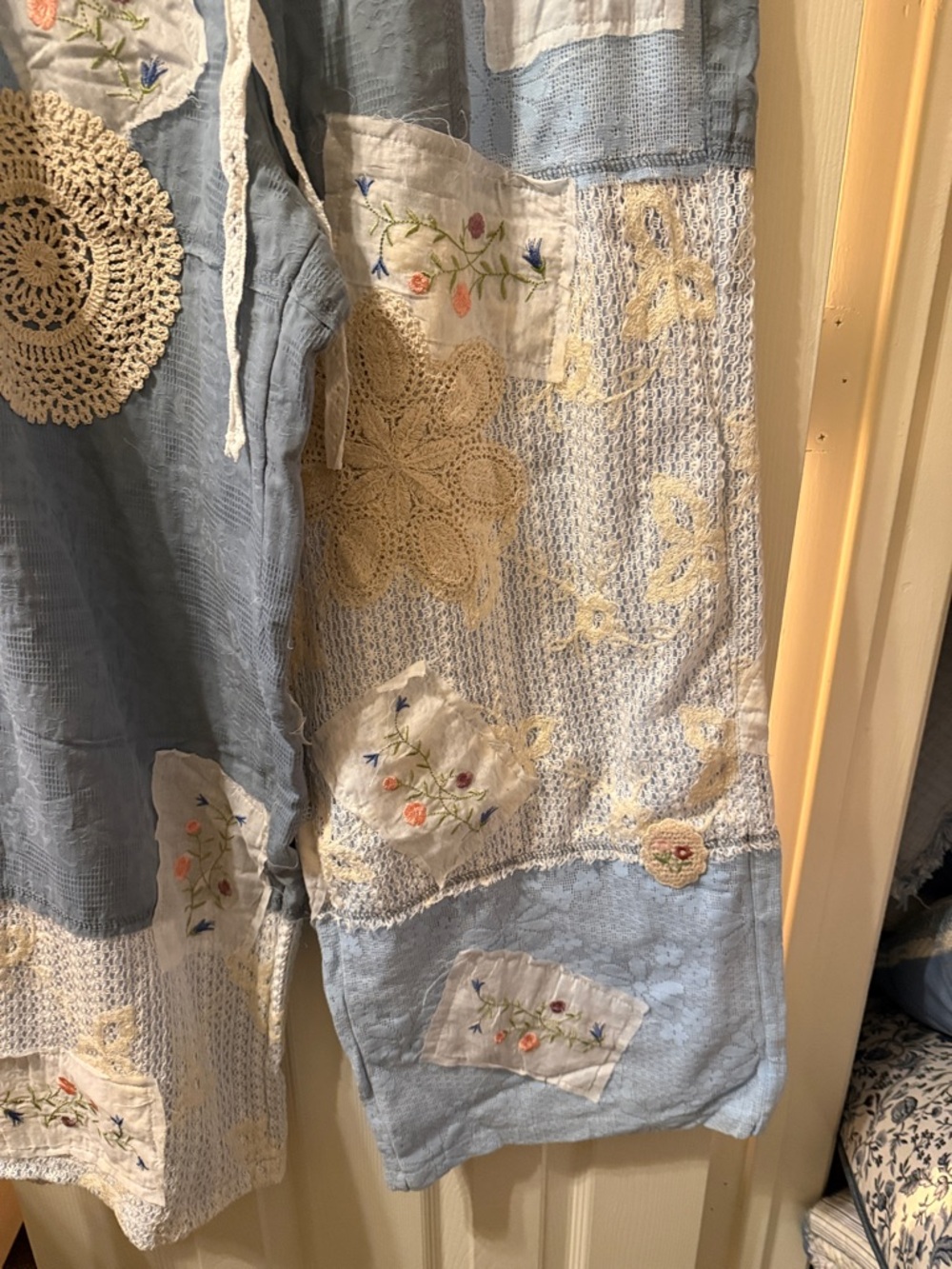 Bohemian Patchwork Wide-Leg Pants in Light Blue - Picture 6 of 15